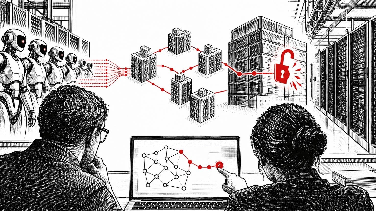 Illustration: cybersecurity researchers analyzing breach on laptop