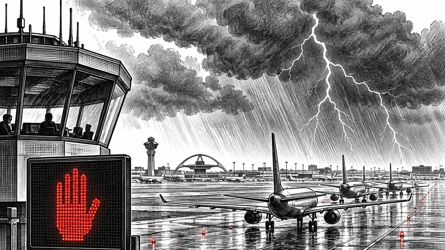 Illustration: Los Angeles airport thunderstorm runway