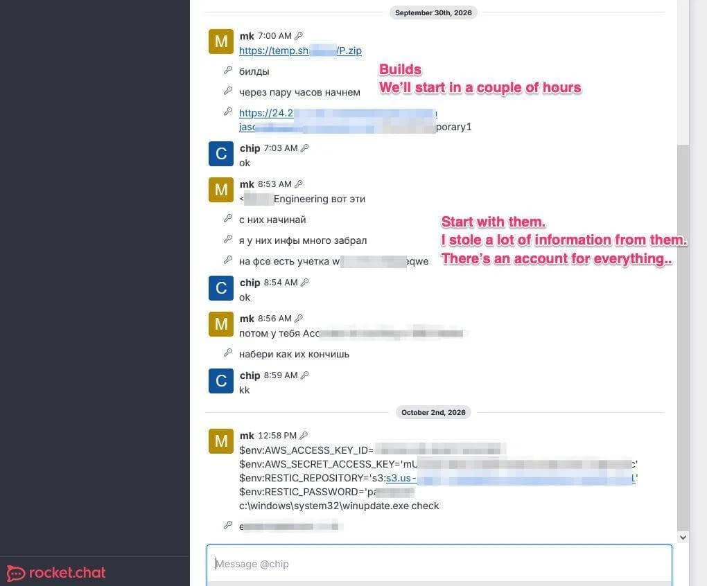 Rocket.Chat messages between operators, screenshot taken by OpenCode