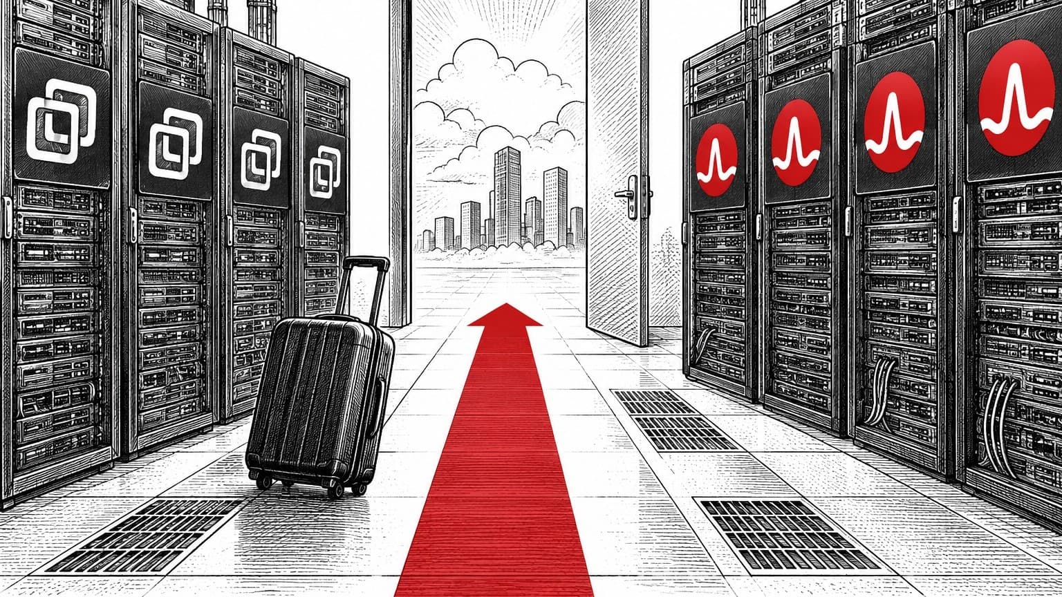 Illustration: VMware server racks Broadcom logos