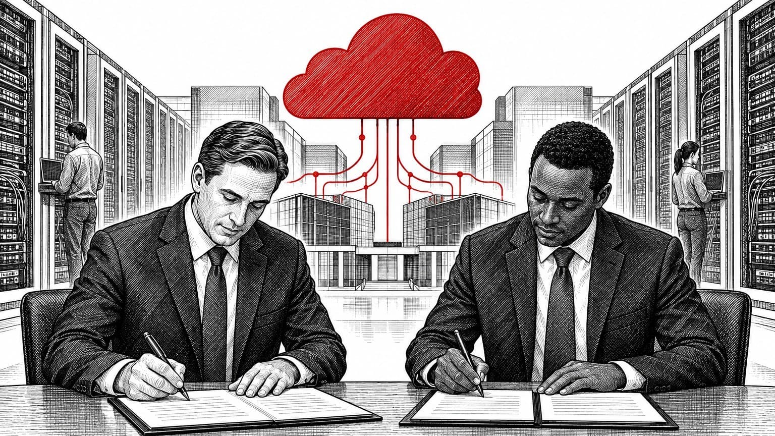 Illustration: Verizon and AWS executives signing agreement