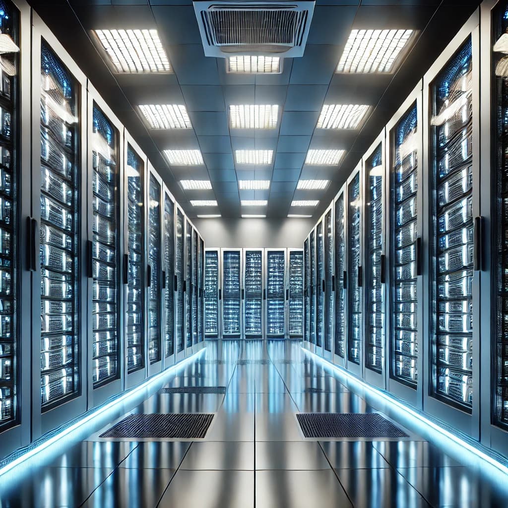 Interior of a modern data center with rows of server racks and blinking LED lights